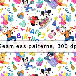 Joyeux anniversaire,Magic Kingdom,Papier numérique,Souris,Gâteau,Chiens,Aquarelle,Imprimable,Arrière-plan,Impression,Motif sans couture,Sublimation,Chemise,Design