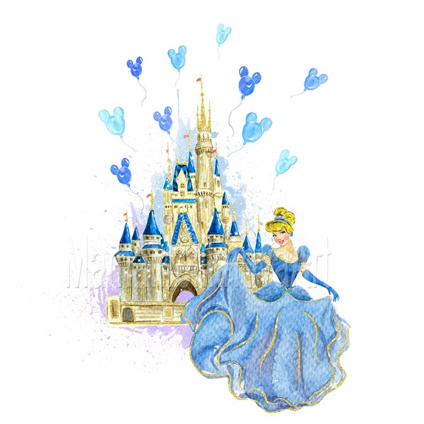 Cinderella, Princess, Watercolor Castle, Magic kingdom, Mouse, Balloons, Print, Printable, Shirt, Digital, Design, Sublimation transfer, PNG