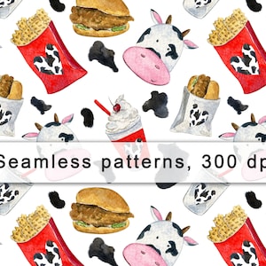 Tête de vache, Animal de ferme, Poulet, Cœur, Aquarelle, Nourriture, Imprimable, Chemise, Papier numérique, Sublimation, Motif sans couture, Design, Impression