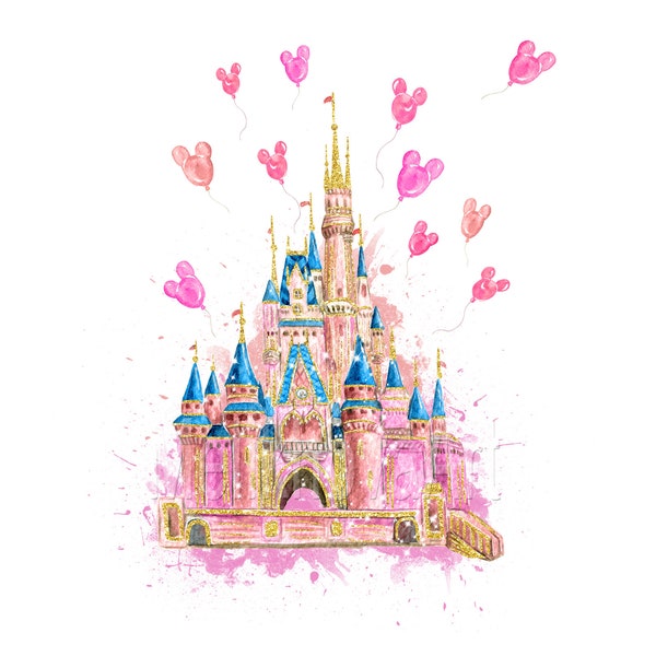 Impressão em aquarela do Castelo do Reino Mágico, com balões de rato (download digital em PNG e JPEG)