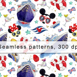 Cruise, Magic kingdom, Ocean, Mouse, Sea, Vintage, Watercolor, Printable, Shirt, Gold glitter, Digital paper, Sublimation, Seamless pattern