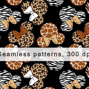 May include: A seamless pattern featuring a black background with various animal print designs. The pattern includes giraffe, zebra, and leopard prints. Each print is in the shape of a Mickey Mouse ear with a bow.