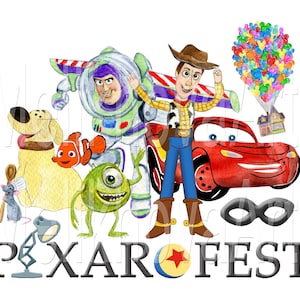 May include: A colorful illustration featuring characters from Pixar movies, including Woody from Toy Story, Buzz Lightyear from Toy Story, Nemo from Finding Nemo, Mike Wazowski from Monsters Inc., and Lightning McQueen from Cars. The illustration also includes a hot air balloon with the Pixar logo and the text "PIXARFEST".