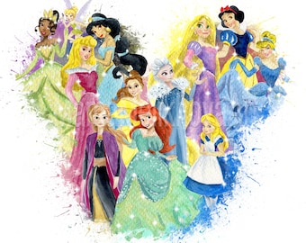 Princesses, Mouse head, Magic kingdom, Watercolor, Print, Printable, Shirt, Digital, Sublimation transfer, PNG, Clipart