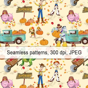 May include: A seamless pattern featuring a variety of fall-themed elements, including pumpkins, a toy truck, a pig, a dog, and characters from the Toy Story franchise. The pattern is set against a light yellow background with brown accents.