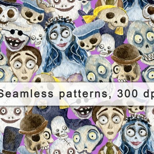 May include: Watercolor illustration of a seamless pattern featuring characters with a spooky theme. The characters include a bride, a skeleton, and other figures with a purple background. The text "Seamless patterns, 300 dpi" is displayed.