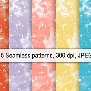 Könnte beinhalten: Fünf nahtlose Muster in verschiedenen Farben, darunter Orange, Lila, Koralle, Gelb und Blau. Jedes Muster zeigt ein Schloss, eine Fee oder eine Zeichentrickfigur mit Aquarell-Effekt. Der Text "5 Seamless patterns, 300 dpi, JPEG" ist zu sehen.