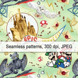 Epic Universe, Parks, Shirt, Digitales Papier, Aquarell, Schloss, Sehenswürdigkeiten, Printable, Print, Nahtloses Muster, Hintergrund, Gold-Glitter