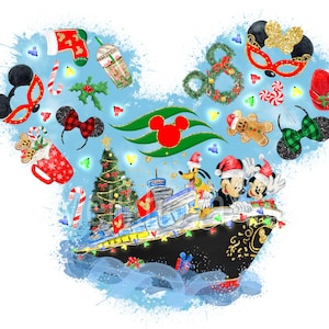 Christmas Cruise, Magic kingdom, Ocean, Mouse, Sea, Vintage, Watercolor, Printable, Shirt, Gold glitter, Digital, Sublimation transfer, PNG