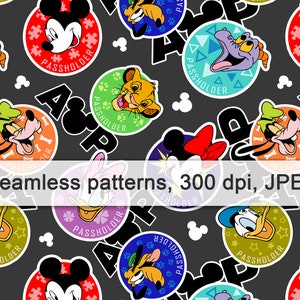May include: A seamless pattern featuring various Disney characters, including Mickey Mouse, Minnie Mouse, Donald Duck, Goofy, and Simba. Each character is depicted in a circular design with the text "PASSHOLDER" and the letters "A & P" in black. The background is a dark gray color.