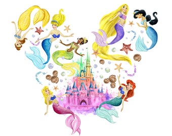 Princess Mermaid Castle Watercolor Clipart, PNG (Digital Download)