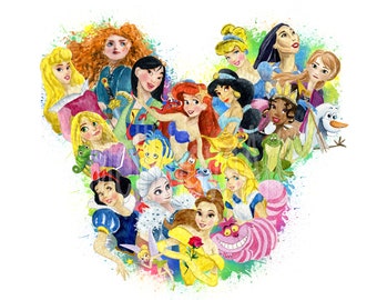 Princesses, Mouse head, Magic kingdom, Watercolor, Print, Printable, Shirt, Digital, Sublimation transfer, PNG, Clipart