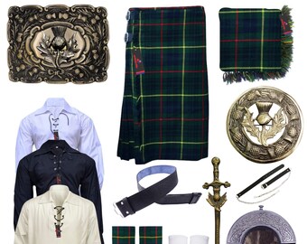 Stewart Hunting Tartan Mens Kilt Outfit Scottish Kilts for Men with Thistle Crest and Iconic Symbols