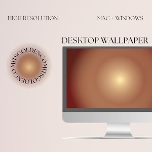 May include: A desktop computer with a gradient wallpaper in shades of brown and gold. The screen displays a circular design with the text "MITSGOLDENCO" around the edge. The words "HIGH RESOLUTION" and "MAC + WINDOWS" are also visible.
