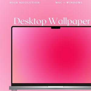 May include: A laptop computer with a pink gradient background on the screen. The text "Desktop Wallpaper" is displayed above the laptop.