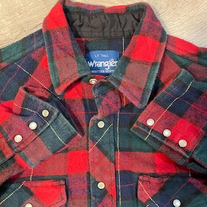 Vintage 70s Wrangler Pearl Snap Flannel Large Tall Heavy Western Camp Cowboy Hiking Dressy Casual Durable Construction measurements below