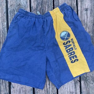 True Vintage Buffalo Sabres Shorts Hockey Team Made in USA NHL Size Large Blue Gold 90s New York Hockey Elastic Waist Measurements Below