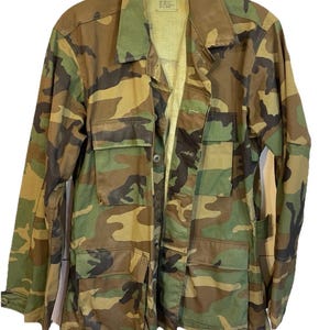 VINTAGE Camo Army Jacket Adult Small Field Coat Long Woodland Combat Canvas Ultility Barn Coat Hipster Measurements Below