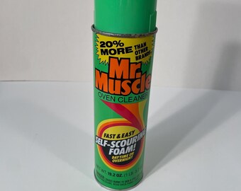 Detergente per forno Mr Muscle Vintage 1984, lattina intera, schiuma autopulente, cucina anni '80, grafica dai colori vivaci, detergente per forno vintage verde e giallo