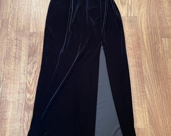 本物のヴィンテージ90年代ブラックベルベットマキシスカート サイズS/M ウエスト28-32インチ スリット入り ゴシック ウィッチー ウィムジー ゴシック 寸法は下記参照