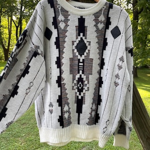 Vintage Alan Stewart 3D Knit Sweater Pullover Cosby Aztec Geometric Baggy Sleeves Size Large ‘Preppy Emo’ With Black White Cream Colors