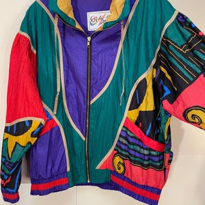Vintage 90s Windbreaker Jacket Coat Colorblock Abstract Loud Funky Maximalist Medium Colorful Art Teacher Full Zip Boho Artist Fun