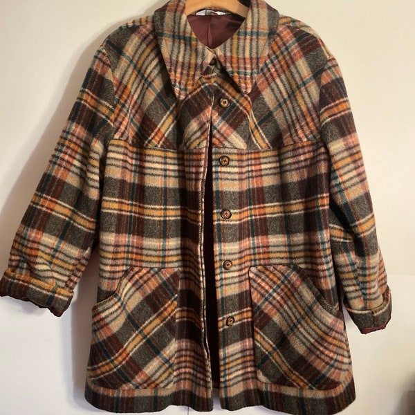 DOPE Vintage 60s - 70s Plaid Jacket MCM Woman’s Size Large Boho Hippy Dark Acadamia Academic Pockets! NICE Reds Oranges Browns