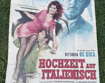 Vintage Sophia Loren Movie Poster Marriage Italian Style Original German Germany 1960s Printed in Italy HUGE Old Hollywood Glam