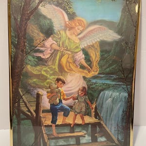 Vintage Guardian Angel Watching Children Over Bridge Framed Hanging Picture 16x20 Gold Colored Metal Frame Catholic Christian Religious Wall