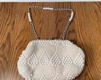 Vintage 1950s 60s John Wind Beaded Purse Preppy Coquette White Pearl Evening Bag Old Money Beaded Handbag Gold Clasp Bridal Clutch Hong Kong