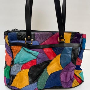 Vintage Colorful Patchwork Leather Purse Colorblock Abstract Y2K Boho Shoulder Bag Whimsy Bold Vibrant Unique Purse Eclectic Funky Vintage