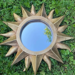 Vintage MCM Sunburst Wall Mirror Gold Colored Resin 12”x12” Made in Taiwan Boho Celestial Sun Moon Astrology Rare Hangable Mid Century Space