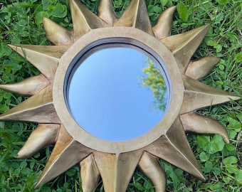 Vintage MCM Sunburst Wall Mirror Gold Colored Resin 12”x12” Made in Taiwan Boho Celestial Sun Moon Astrology Rare Hangable Mid Century Space