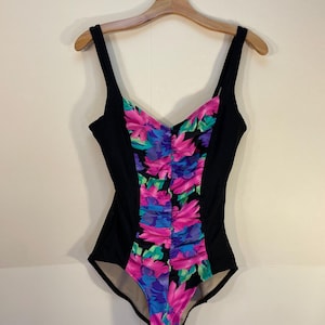 Vintage 80s Slim Suit Swimsuit Black Floral Ruched One Piece Size 12 Made in USA Slimming Low Back Pool Beach Vacation Measurements Below