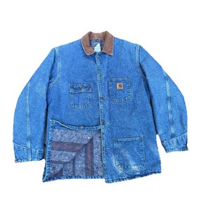 Vintage Carhartt Denim Chore Jacket Large Tall USA 54” Chest C59DST Work Union Made Detroit Measurements Below Jean Jacket Rugged Men’s