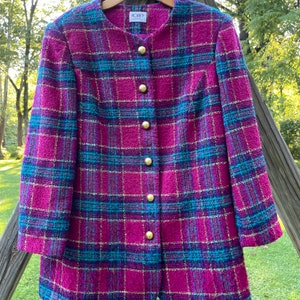 Vintage Blazer Plaid Funky Barbie Purple Teal Gold Buttons Size 18 XL Utility Tweed Madonna 80s Style Unique Art to Wear Jacket