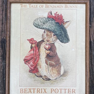 Impresión vintage de Benjamin Bunny de Beatrix Potter de 1989, arte enmarcado, Peter Rabbit, guardería, Benjamin Bunny, cuentos de hadas, decoración de pared para guardería.