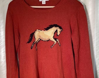 Vintage Horse Sweater Burnt Orange Knit Equestrian Cottagecore Y2K Petite Medium Grandpa Core Western Fall Pullover measurements below