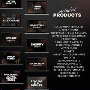 May include: A collage of laptop screens showcasing a variety of digital products, including social media templates, Shopify themes, WordPress themes, royalty-free stock images, fonts, PLR articles, planners and journals, vector icons, t-shirts, marketing and dropshipping templates, Lightroom presets, Photoshop presets, Premiere Pro templates, After Effects templates, ebooks, and resume templates.