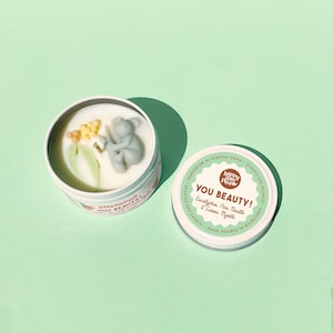 Small Tin You Beauty! Scented Soy Candle hand poured in Melbourne - notes of eucalyptus, lemon myrtle & pine needle. Vegan and Cruelty Free
