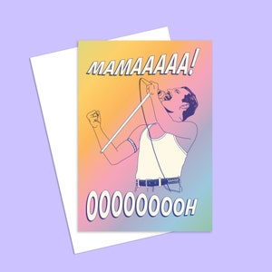 Peut inclure: Une carte de vœux avec un fond dégradé arc-en-ciel représentant un dessin au trait d'une personne chantant dans un microphone avec le texte "MAMA-AAAA!" et "OOOOOOOOOH" en gras.