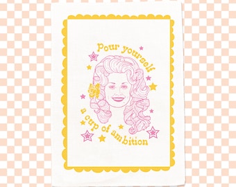 Cup of Ambition Pink and Yellow Screen Printed Cotton Tea Towel - Designed & Printed in Melbourne
