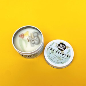 Small Tin You Beauty! Scented Soy Candle hand poured in Melbourne - notes of eucalyptus, lemon myrtle & pine needle. Vegan and Cruelty Free