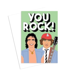 Tarjeta de felicitación "You Rock!" (¡Eres genial!), en blanco por dentro, diseñada e impresa en Melbourne, Australia, con tintas vegetales sobre cartulina reciclada