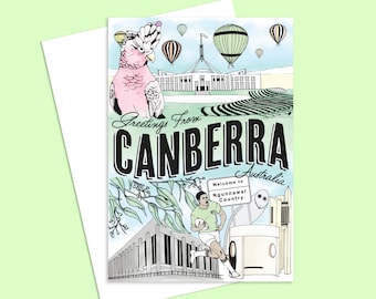 Greetings from Canberra Greeting Card - Blank Inside - Designed & Printed in Melbourne, Australia with Vegetable-based inks on recycled card