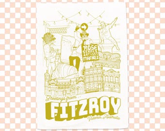 Greetings from Fitzroy Cotton Screen Printed tea towel