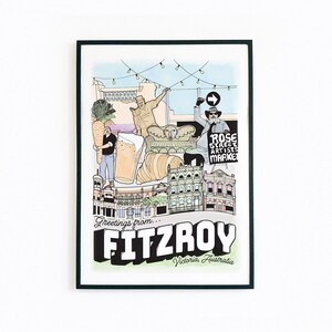 May include: A vintage-style postcard illustration of Fitzroy, Victoria, Australia. The illustration features a cartoon-style depiction of the Rose Street Artist Market, with people, buildings, and a large beer glass.