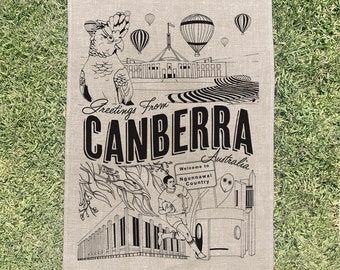 Greetings from Canberra Linen Tea Towel Designed & Hand Screen-Printed in Melbourne, Australia.