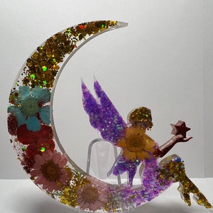 Crescent Moon, Glittery Magical Fairy & Holder. Spirit in Form, Ornamental Decorative Accent. Celebrate Love, Family, Hope, Colorful Meditat