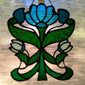 Stained Glass Art Nouveau Floral Panel - blue flowers